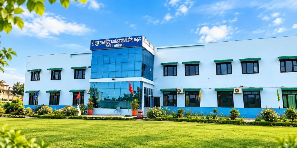 The two-storey school building at Shri Guru Hargobind Public School, Pitho, with flower beds and a wide lawn in front of it